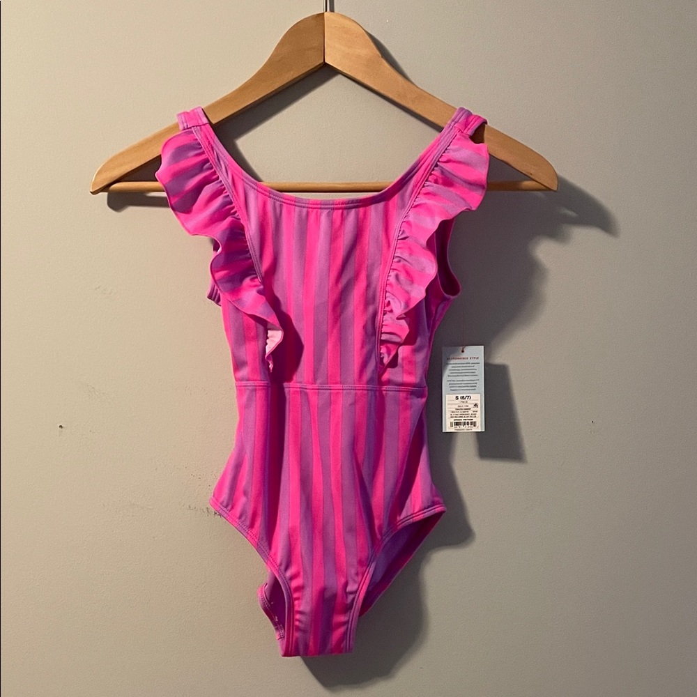 NWT Cat and Jack one piece girls striped pink/purple swimsuit size:6-7
